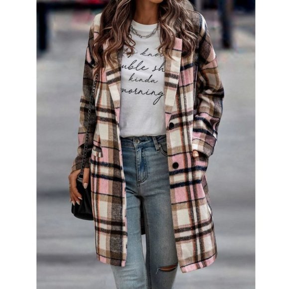 Casual Double Pocket Lapel Neck Plaid print Overcoat Jacket - Picture 5 of 6